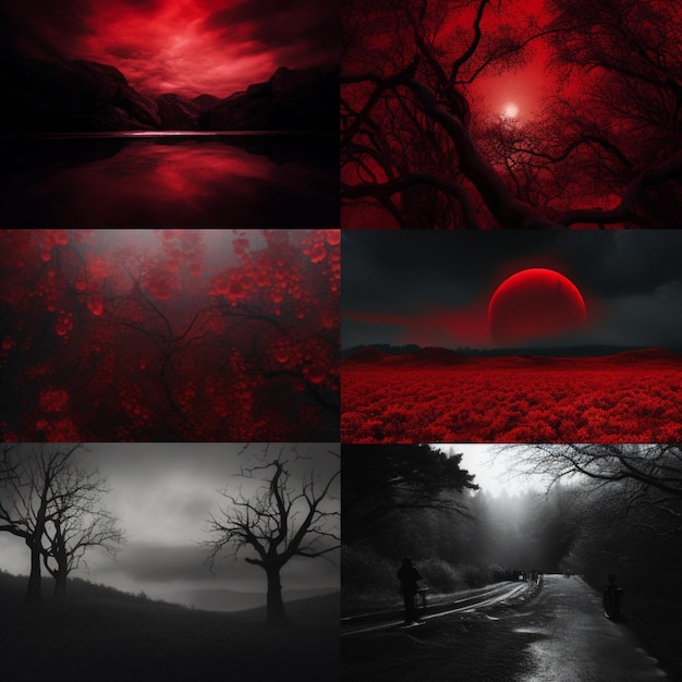 A series of images of red trees and a moon