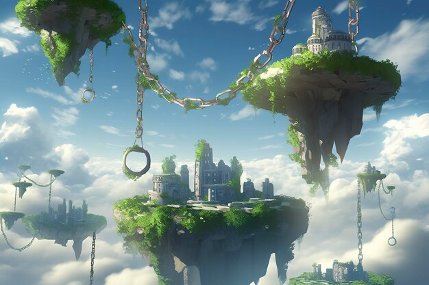 A series of islands floating in the sky connected by vines and giant chains AI Generative