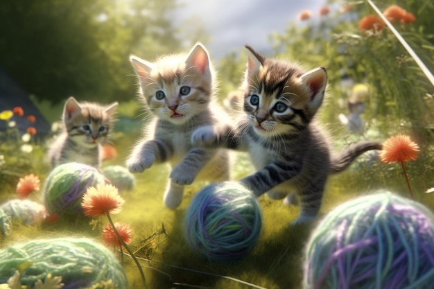 a series of kittens playing in the grass with yarn in the background.