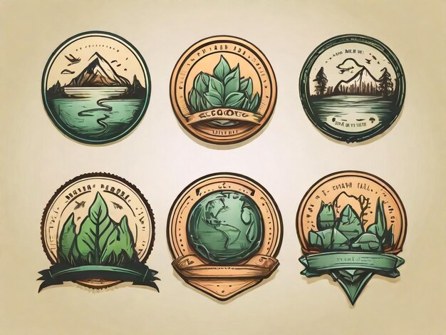 a series of labels including a picture of a mountain lake