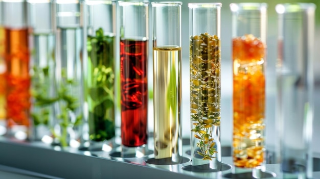 Серия лабораторных испытательных труб, заполненных различными жидкостями, показывающих точные измерения