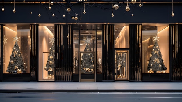 A series of luxury store fronts with elegant Black Friday sale banners