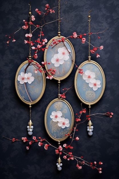 a series of Martisor hanging from a blossoming tree branch