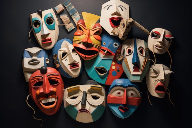 Foto una serie di maschere con espressioni esagerate che rappresentano i diversi ruoli che interpretiamo e le emozioni che mascheriamo nella nostra vita quotidiana