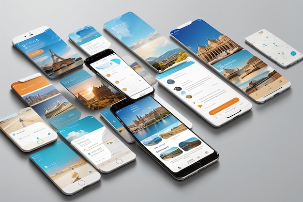 スマートフォンをカスタマイズ可能な旅行予約アプリとともに風景とポートレートの両方の方向で表示する旅行代理店のためのモックアップのシリーズ
