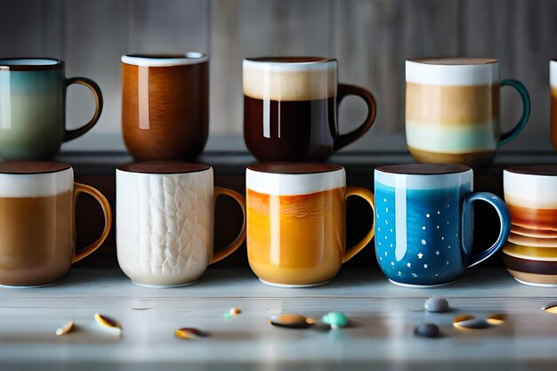 a series of mugs with the words coffee in the middle.