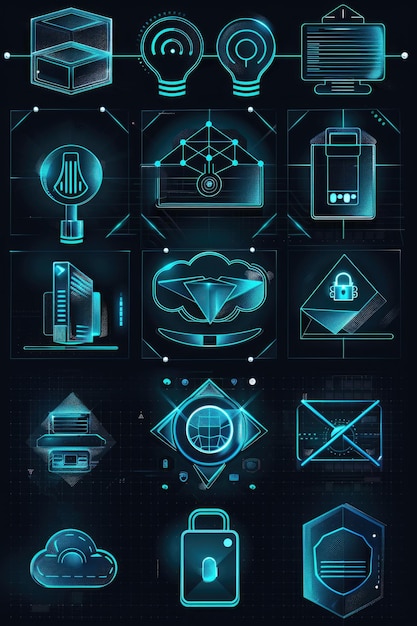 Photo a series of neon blue icons on a black background ideal for graphic design projects