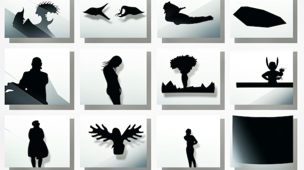 Foto serie di nove silhouette di persone e animali in varie posizioni e dimensioni ai generativa