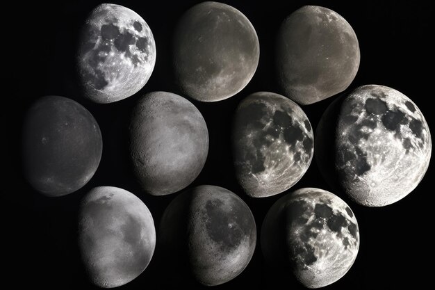 Фото Серия фотографий, показывающих разные фазы планеты или луны, созданных с помощью генеративного искусственного интеллекта.