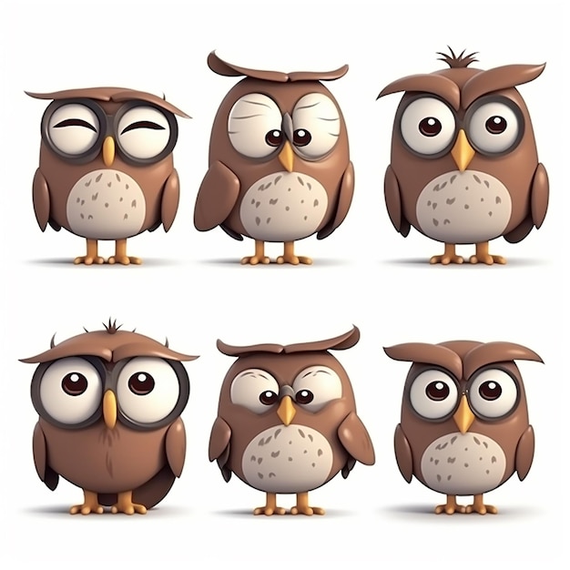 A series of owls with different facial expressions and the words owl on the front.