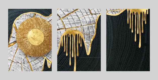 A series of paintings with gold and black paint on them.