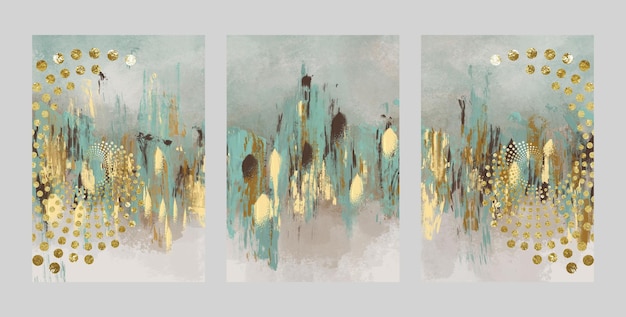 A series of paintings with gold and green colors.