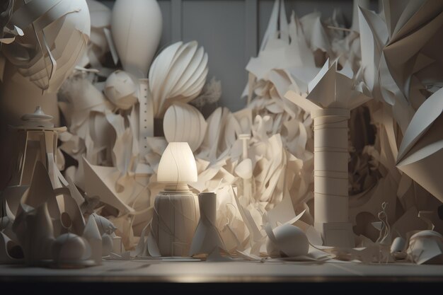 A series of paper sculptures with a city in the background.