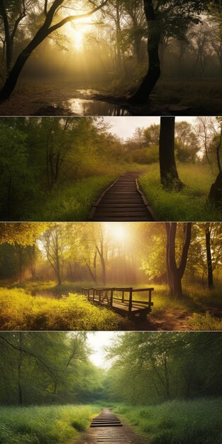 Серия фотографий леса с деревянной дорожкой и табличкой с надписью «путь».