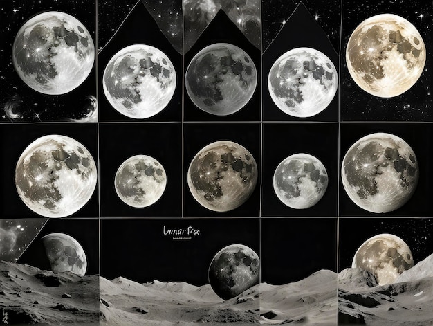 달의 다양한 위상을 보여주는 일련의 달 사진