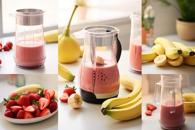 A series of photos showing the stepbystep process of making the smoothie