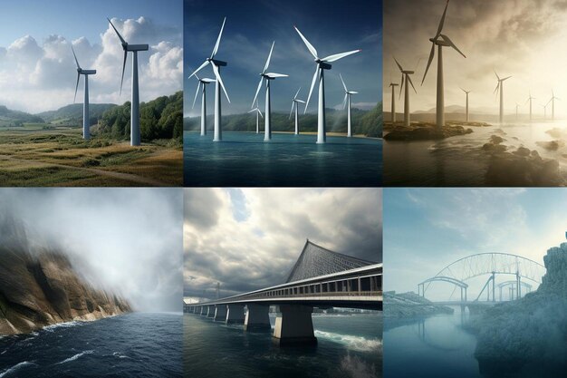 A series of photos showing wind turbines in the distance.