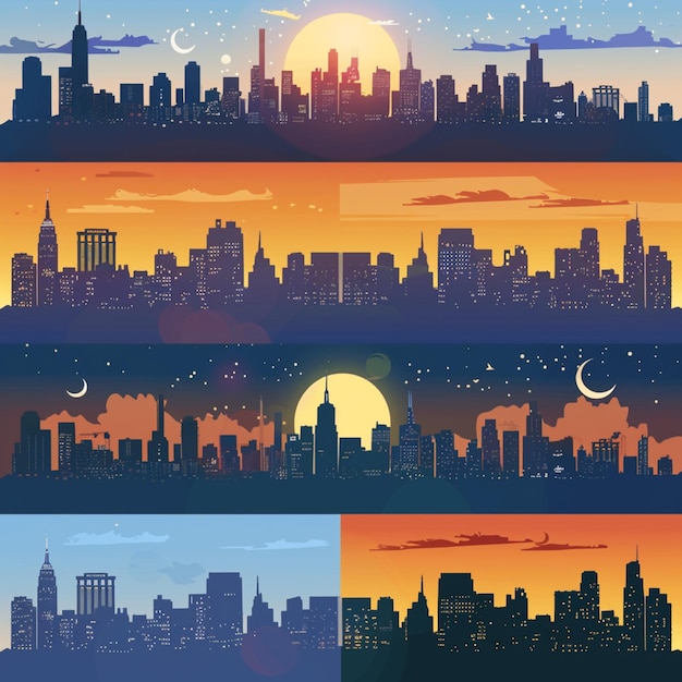 a series of pictures of a city with a skyline of the city