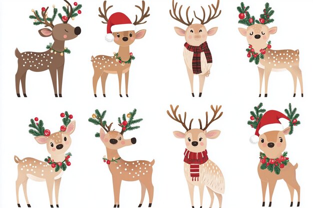 Photo a series of pictures of deers with a christmas hat and scarf