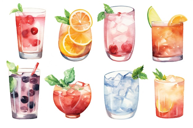 Серия фотографий различных напитков, включая фрукты и ягоды.