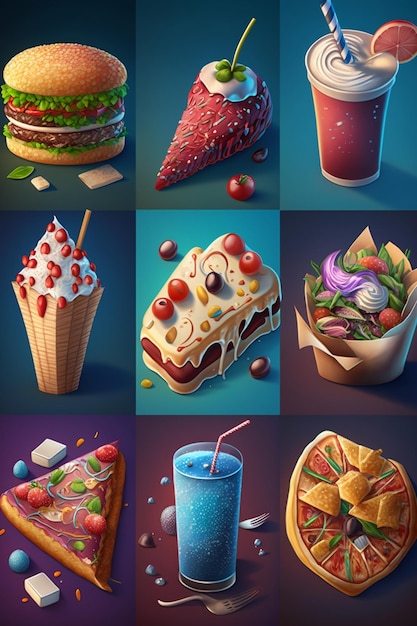 A series of pictures of food including a sandwich, ice cream, and a drink.