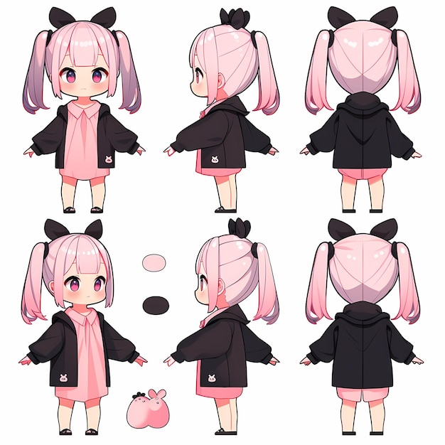 a series of pictures of a girl dressed in black with pink hair and a pink bow.