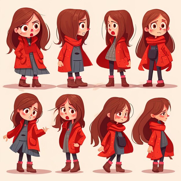 a series of pictures of a girl in a red coat and boots