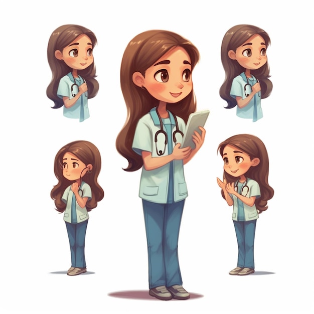 a series of pictures of a girl with long hair and a stethoscope.