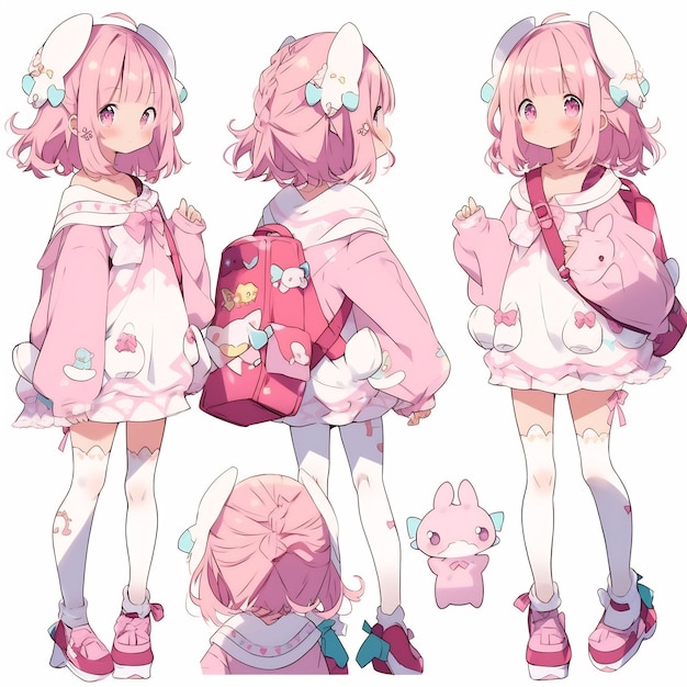 a series of pictures of a girl with pink hair and a bag with a pink bag.