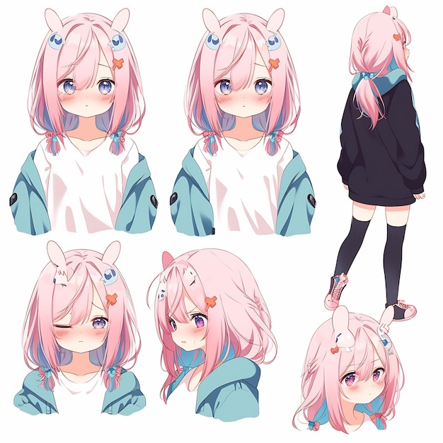 a series of pictures of a girl with pink hair and a blue hoodie.