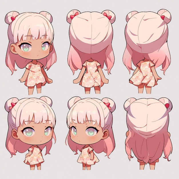 a series of pictures of a girl with pink hair and a pink bow.