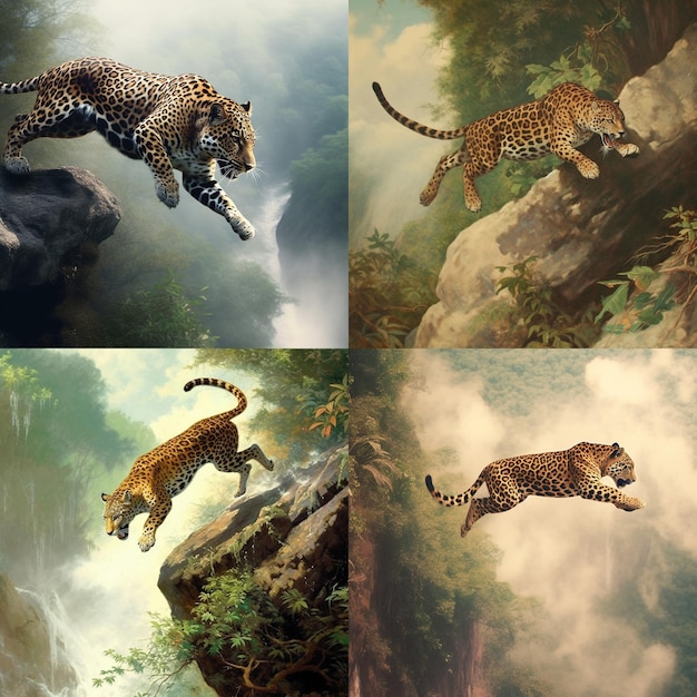 A series of pictures of a jaguar and a waterfall