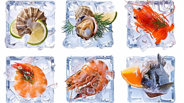 Photo a series of pictures of lobsters and shrimps in ice cubes