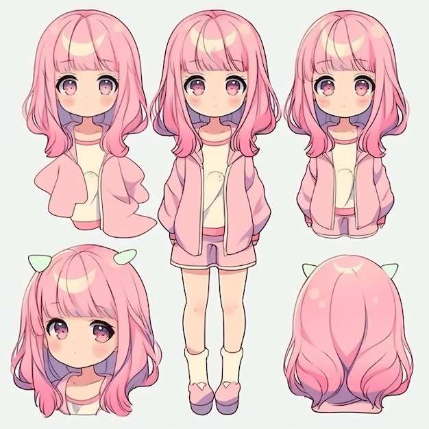 a series of pictures of pink girls with pink hair.