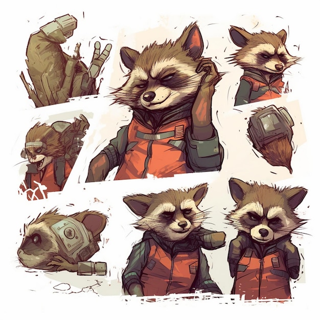 a series of pictures of a raccoon with a red vest on.