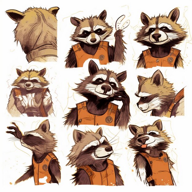 a series of pictures of raccoons and a cartoon dog.