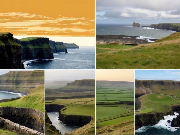 a series of pictures of a scenic area with a river and cliffs