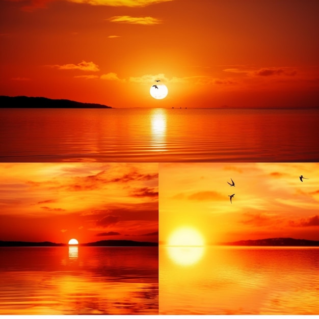 A series of pictures showing a sunset with a bird flying in the sky.