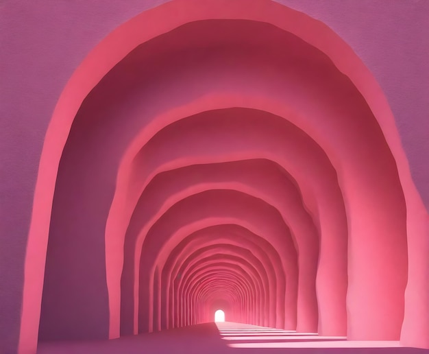 A series of pink arches forming a long tunnel with a bright light at the distant end