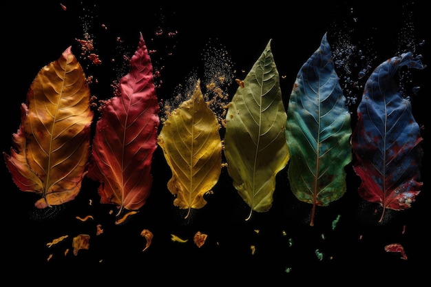 ジェネレーティブ AI で作成された、さまざまな色とテクスチャの植物の葉の爆発のシリーズ