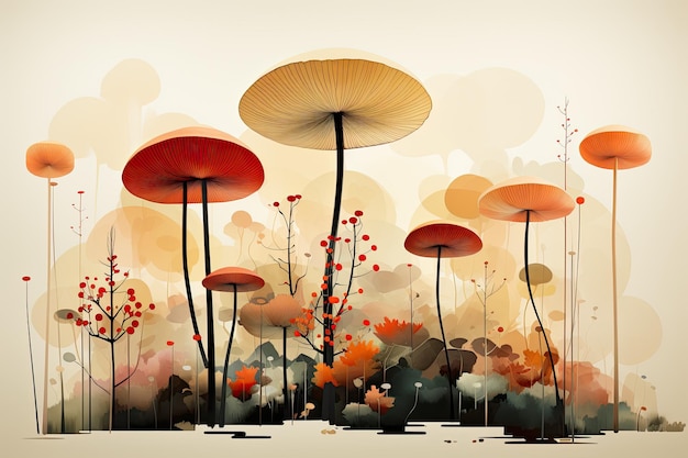 A series of plants and trees with a yellow mushroom in the middle.