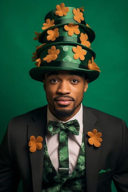 A series of portraits of individuals wearing unique St Patricks Day hats
