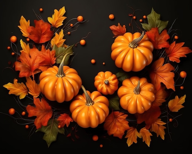 A series of pumpkins with fall leaves and orange leaves.