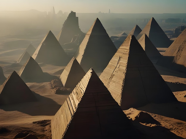 a series of pyramids with the city in the background