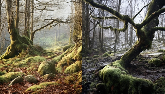 A series of shots showing the transition from winter to spring in a forest