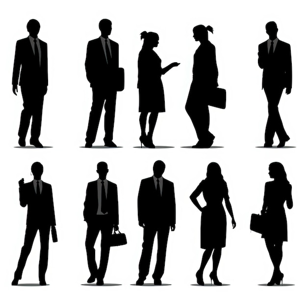 A series of silhouettes of people including one with a briefcase and the other with the other with the other with the other with the other people.