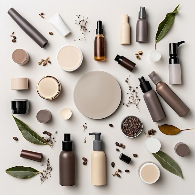 Foto una serie di prodotti per la cura della pelle ordinatamente disposti con elementi decorativi minimalisti