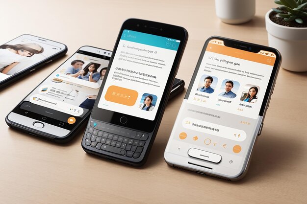 a series of smartphone mockups for a language learning app showcasing devices in both landscape and portrait orientations with customizable language lessons on the screens