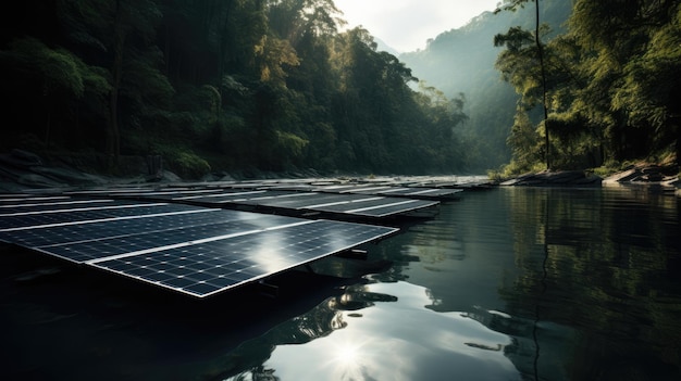 Series of solar panels floating on a river Created with Generative AI technology