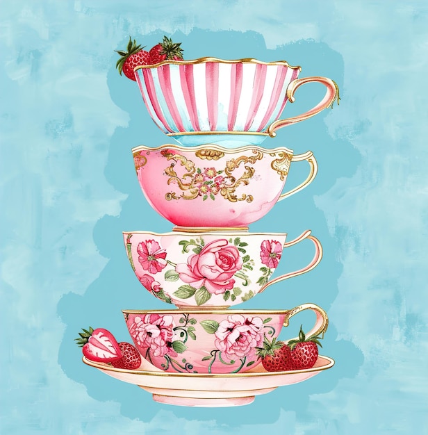 Photo a series of teacups with a pink and white striped teacups on the bottom